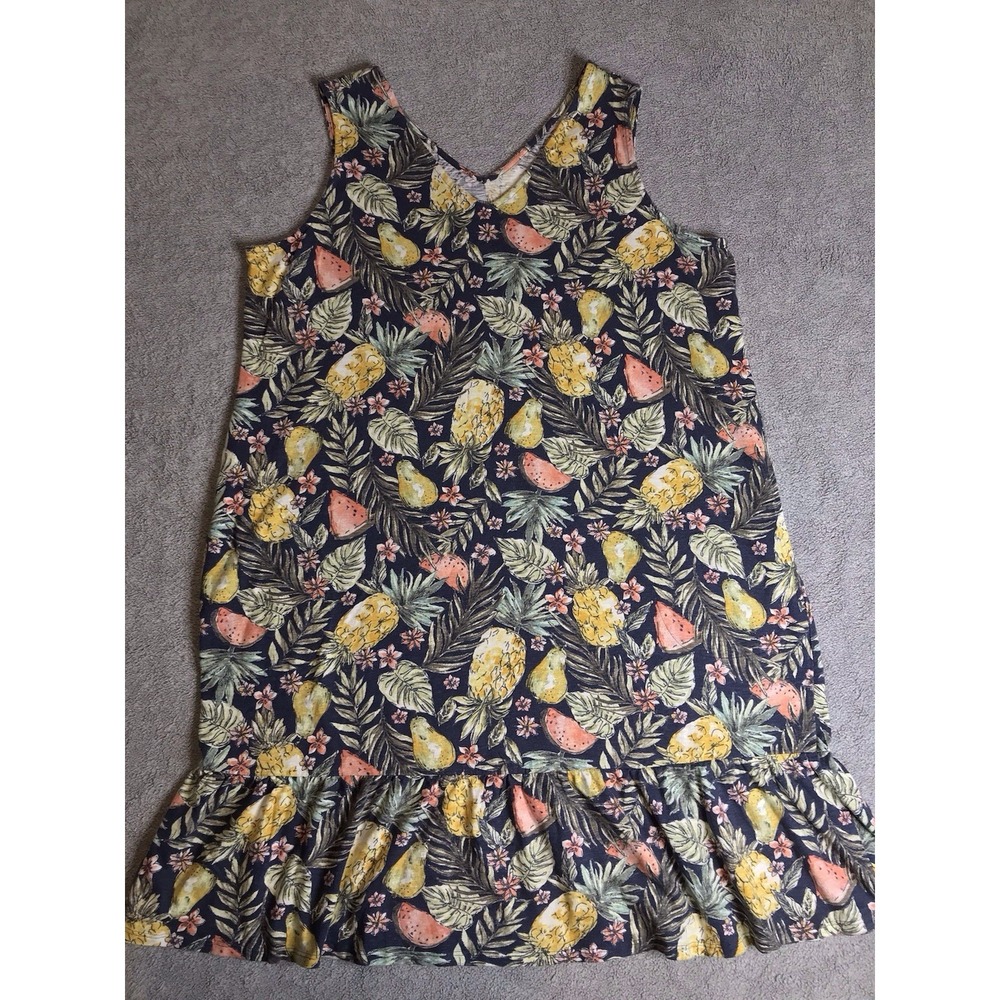 J Jill Dress Womens X-Large Flounced Hem Double V-Neck Floral Fruit Print XL